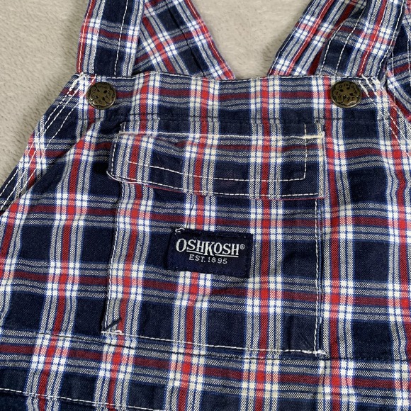 VTG OshKosh Overalls Toddler‎ 18 Months Blue Red Plaid Shortalls Cotton Pockets - Picture 2 of 13